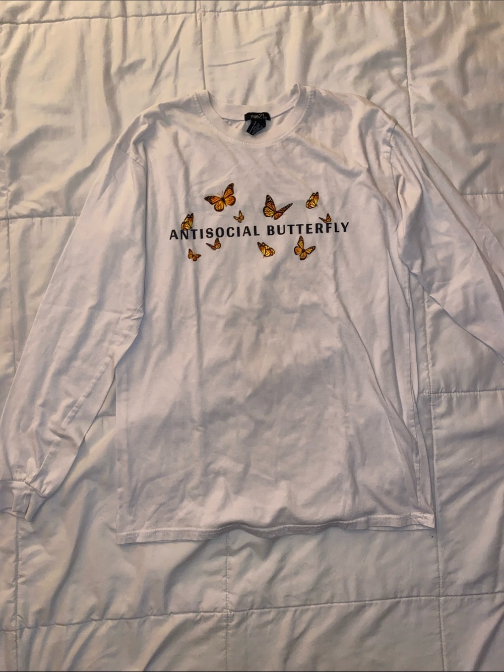 Rue21 White Long Sleeve Tee with Yellow Butterfly Graphic